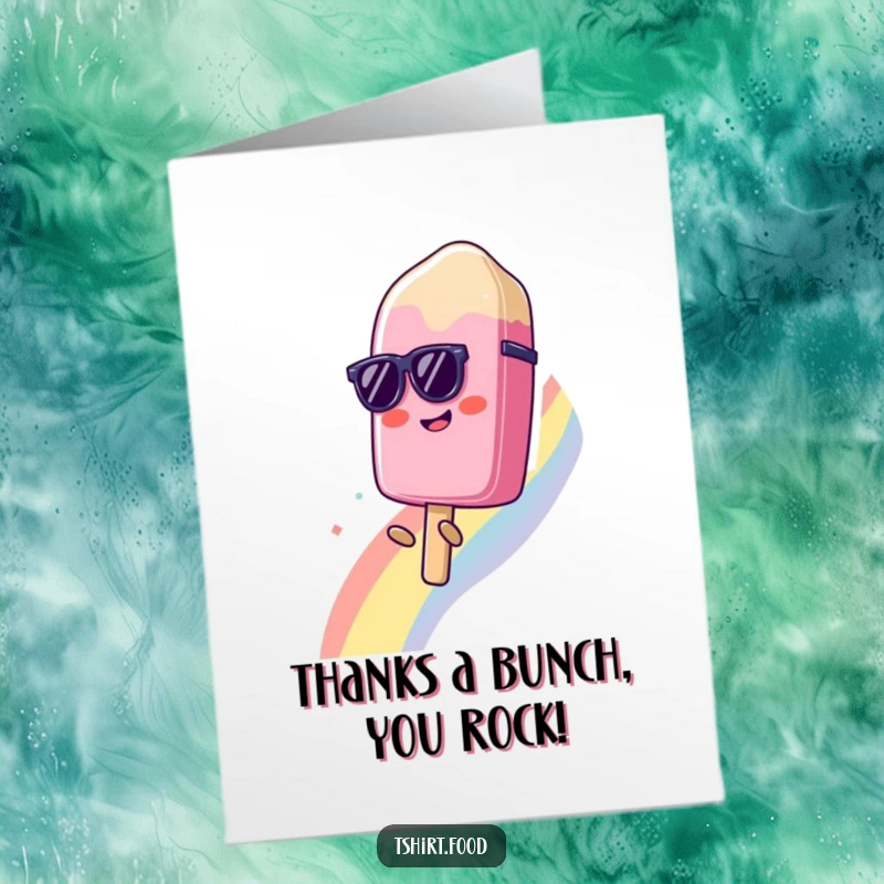 Funny Free Printable Thank You Card: A popsicle with sunglasses slides down a rainbow, sending cool thanks.