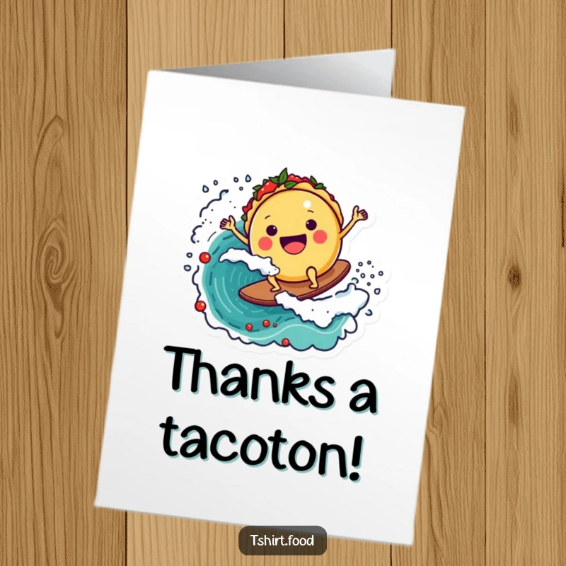Funny Free Printable Thank You Card: Grateful taco character surfs a salsa wave, sending appreciation with a smile.