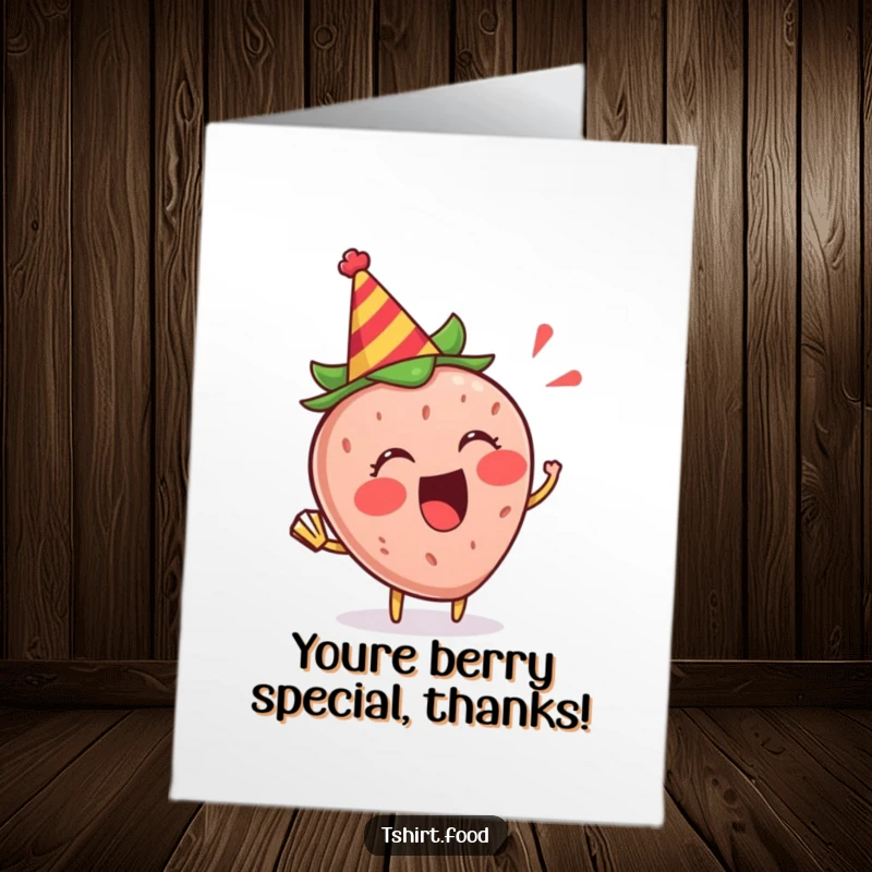 Funny Free Printable Thank You Card: A smiling strawberry in a party hat blowing a horn, expressing thanks, a cute DIY gift.