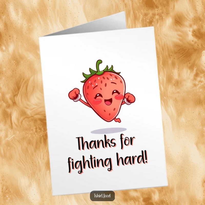Funny Free Printable Thank You Card featuring a strawberry with small boxing gloves, jumping with excitement to convey thanks with energy.