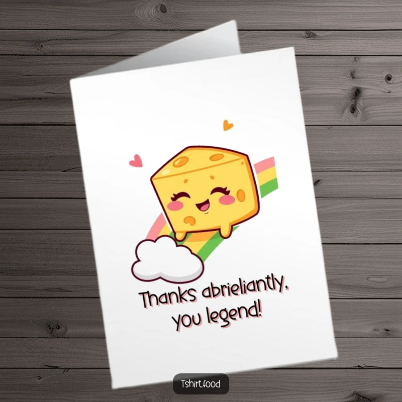 Funny Free Printable Thank You Card: Winking cheese wedge slides down a rainbow, offering a cheerful, cheesy thank you.