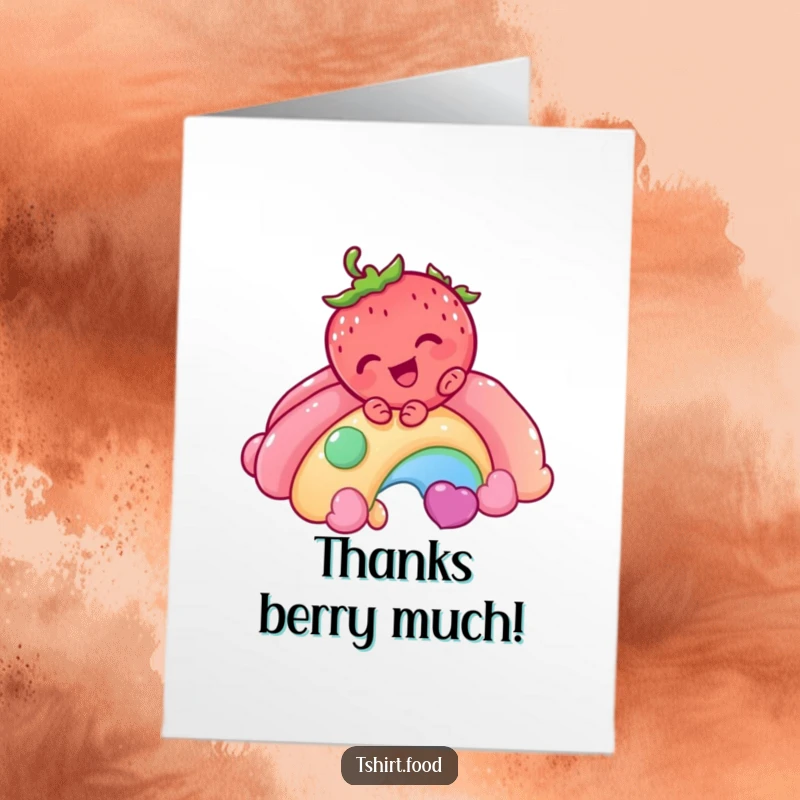 Funny Free Printable Thank You Card: A giggling strawberry slides down a candy rainbow, a charming downloadable art.