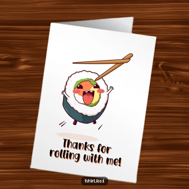 Funny Free Printable Thank You Card: A sushi roll performs an impressive cartwheel with chopsticks, a dynamic downloadable art piece.
