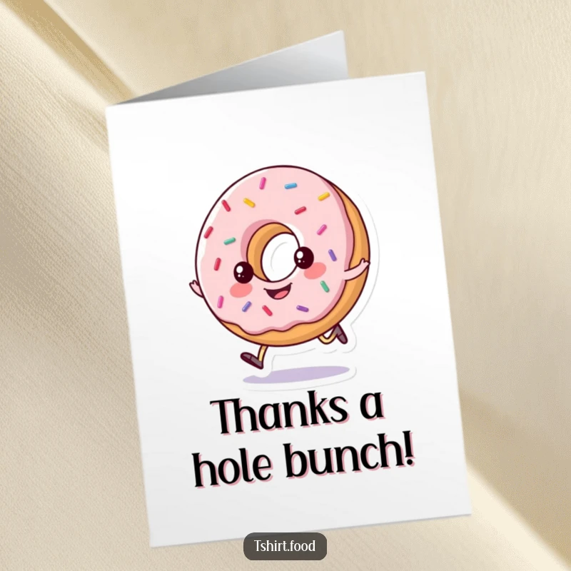 Funny free printable thank you card: happy donut with sprinkles doing a little hop, expressing thanks sweetly, cute downloadable art.