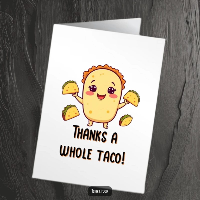 Funny Free Printable Thank You Card: A cheerful taco juggles tiny tacos, a delightful way to express gratitude, downloadable art.
