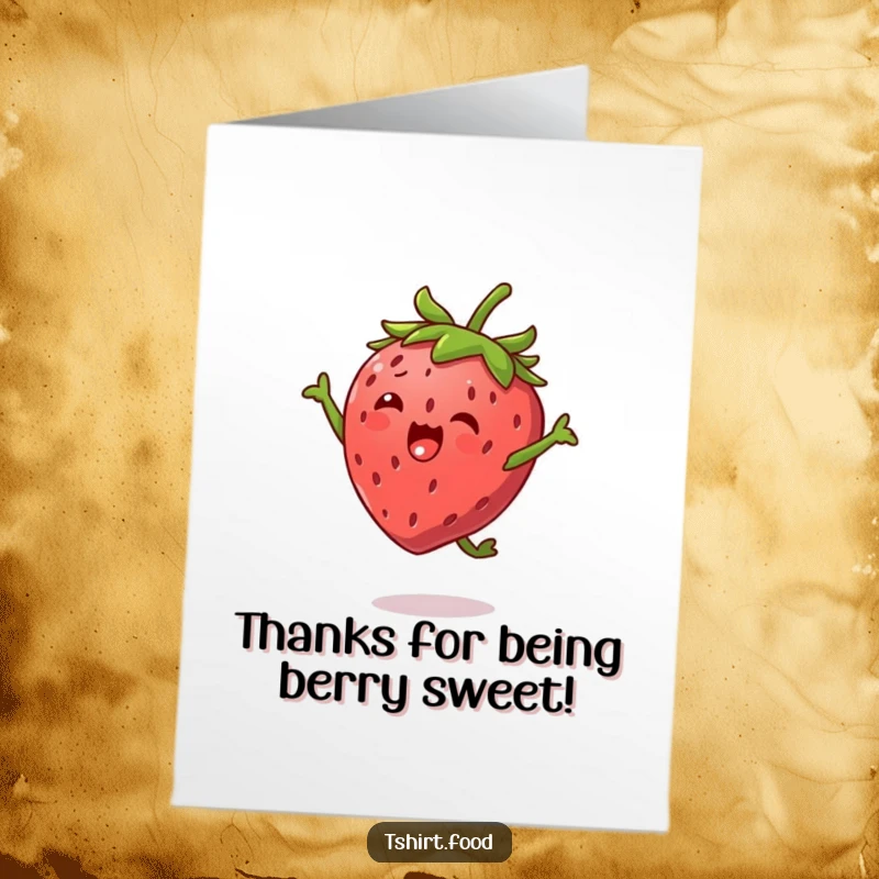 Free Printable Thank You Card: Strawberry character with tiny leaf arms doing a happy high jump, expressing heartfelt thanks.