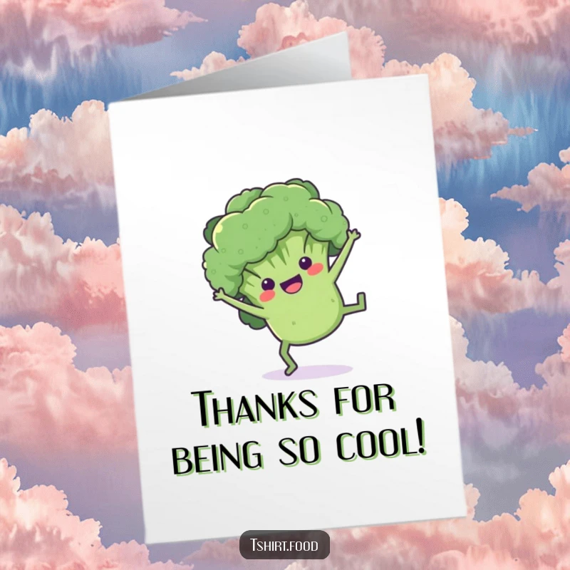 Funny Free Printable Thank You Card: A smiling broccoli floret performing a cartwheel, conveying thanks cheerfully.