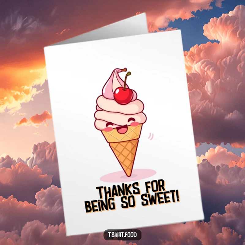 Funny Free Printable Thank You Card: A delighted ice cream cone spins with a wobbly cherry.