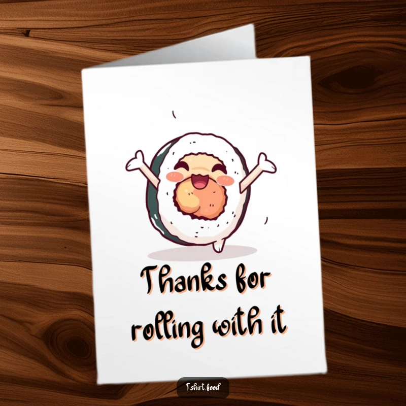 Funny Free Printable Thank You Card: A happy sushi roll with arms in mid-cartwheel, expressing thanks with energetic cheer.
