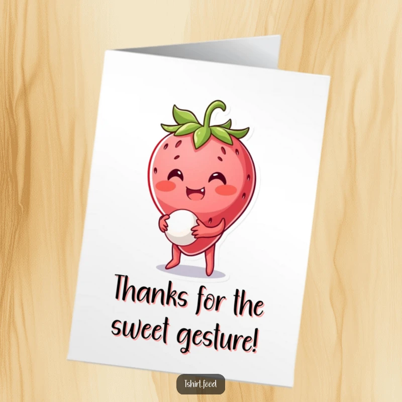 Funny Free Printable Thank You Card: A smiling strawberry character bounces a tiny ball, showing appreciation.
