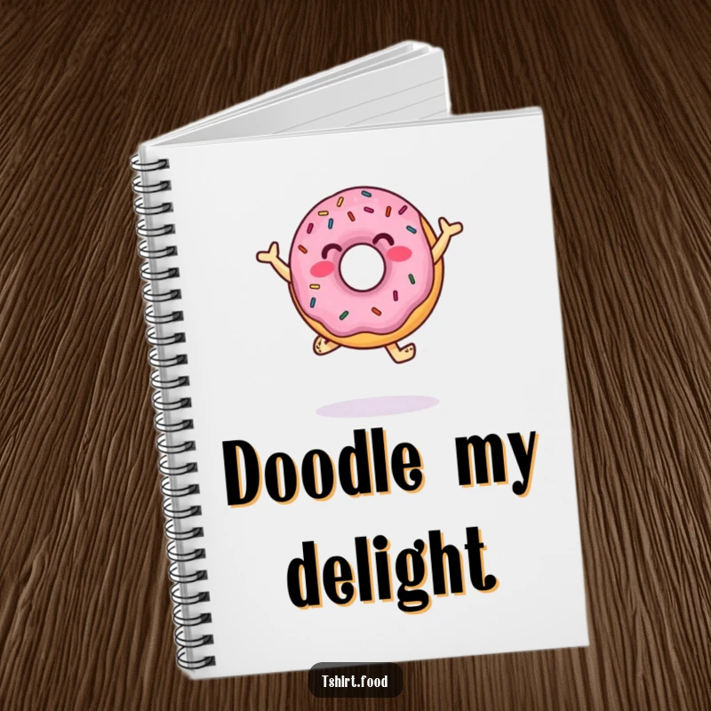 Funny Notebook with a donut character jumping and dancing with sprinkles, perfect for creative writing and sweet journaling.