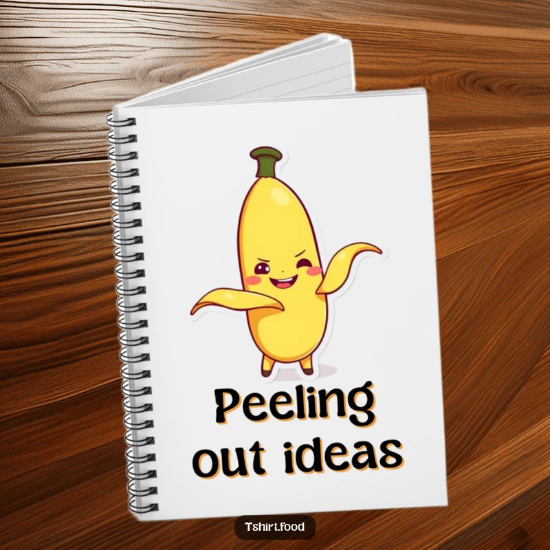 Funny banana character peeling itself with a mischievous grin, on a notebook cover. For creative writing.