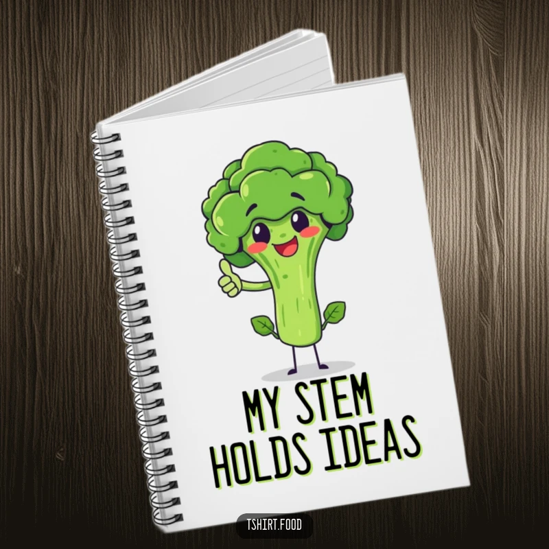 Funny broccoli character giving a thumbs up, balancing on its stem, on the cover of a notebook. For writing and doodling.