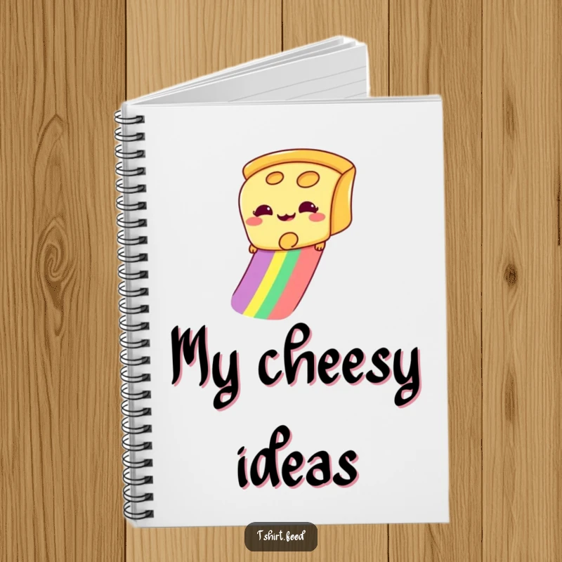 Funny notebook cover featuring a giddy slice of cheese sliding down a rainbow, ready for your notes.