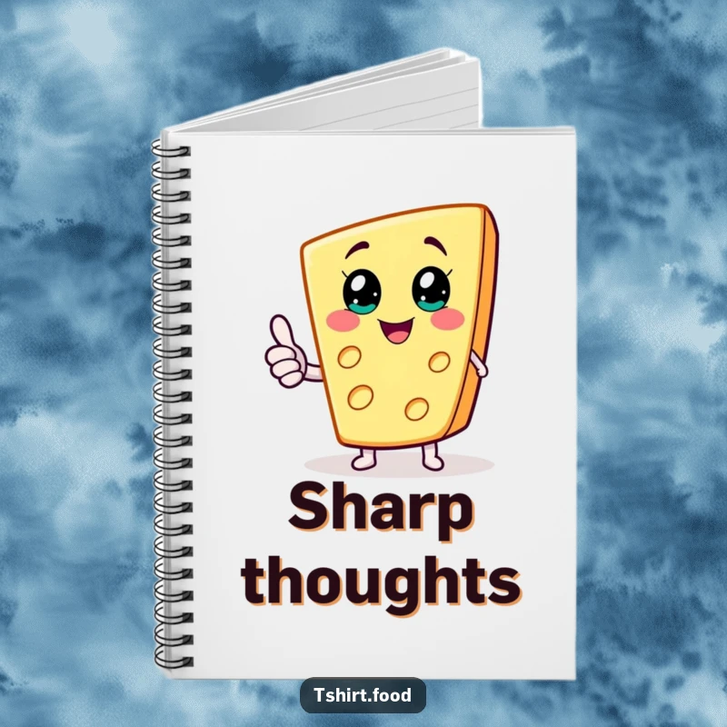 Funny notebook with a happy cheese wedge character giving a thumbs up, ideal for jotting down cheesy thoughts.