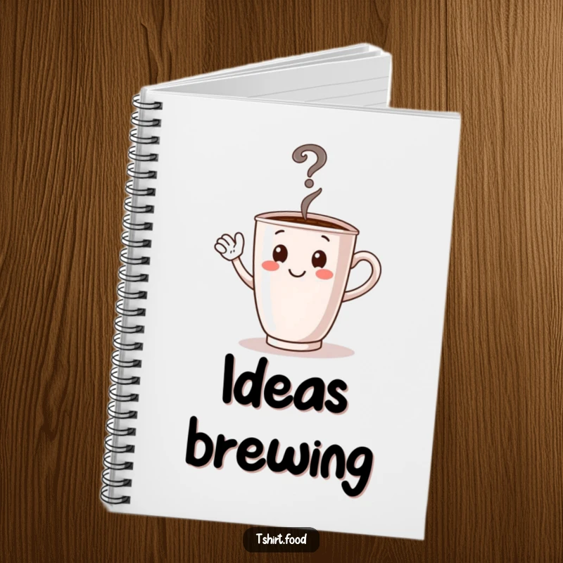 Funny notebook with a waving coffee cup on the cover, steam forming a question mark, perfect for jotting down thoughts.
