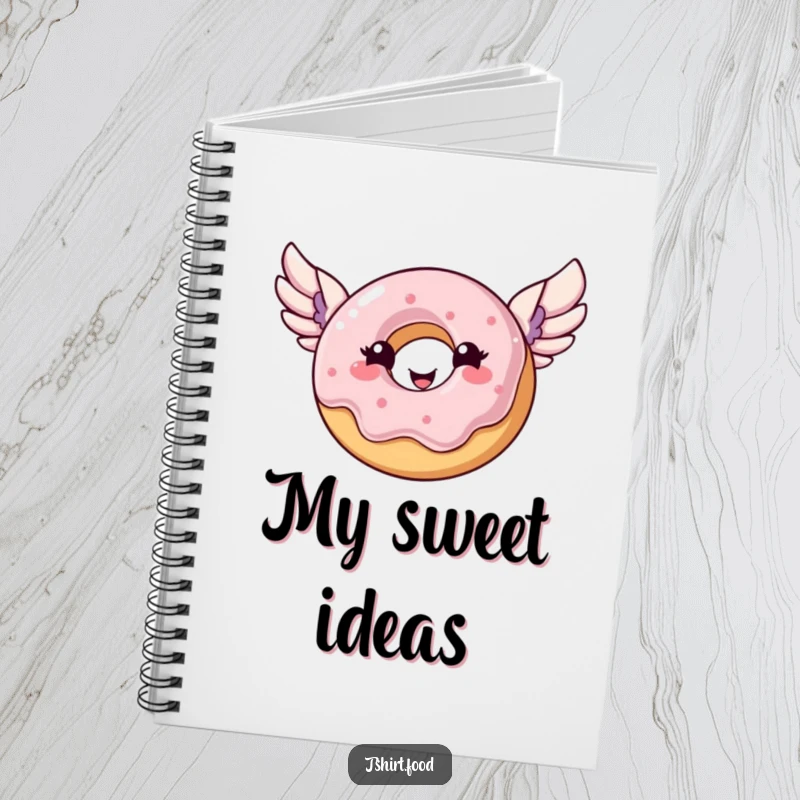 Funny donut notebook cover featuring a happy donut with wings soaring, ready for your sweet notes.
