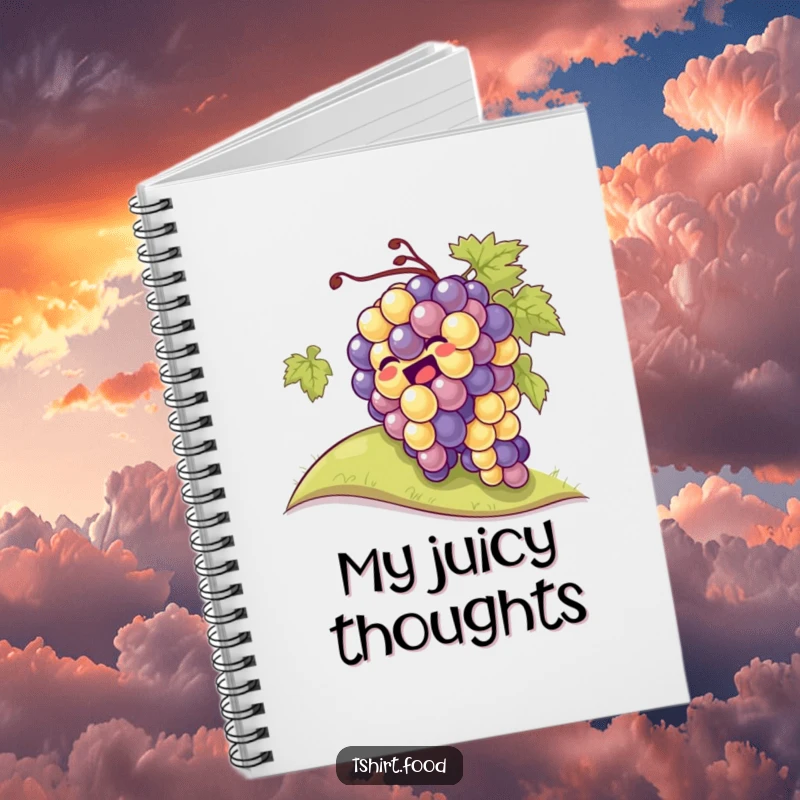 A giggling bunch of grapes rolling down a hill on a notebook cover, perfect for jotting down fun thoughts.