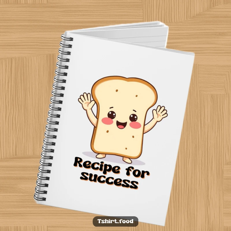 A happy loaf of bread doing jazz hands on a notebook, perfect for jotting down joyful thoughts and plans.