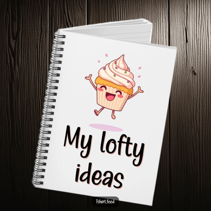 Funny leaping cupcake notebook featuring a happy cupcake mid-leap with frosting raining down, ideal for capturing sweet thoughts.