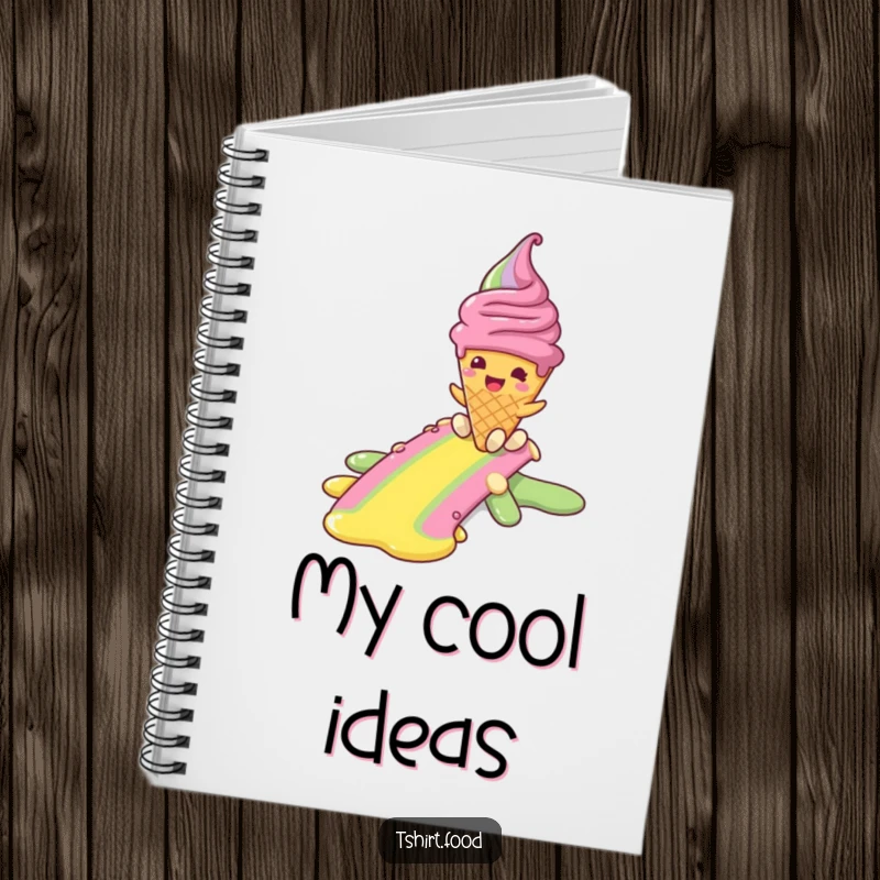 Funny notebook cover art of a smiling ice cream cone character sliding down a rainbow, ideal for notes with a side of sweet dessert humor.