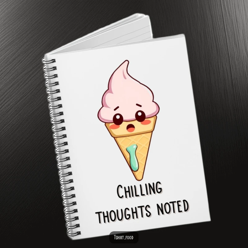 Funny notebook featuring a surprised ice cream cone character melting slightly, ideal for jotting down ideas with a humorous, cool twist.