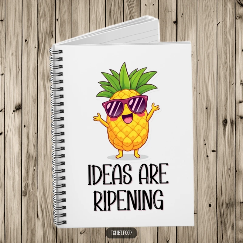 Funny pineapple notebook with a character in sunglasses doing a lively shimmy, perfect for jotting down fun ideas.