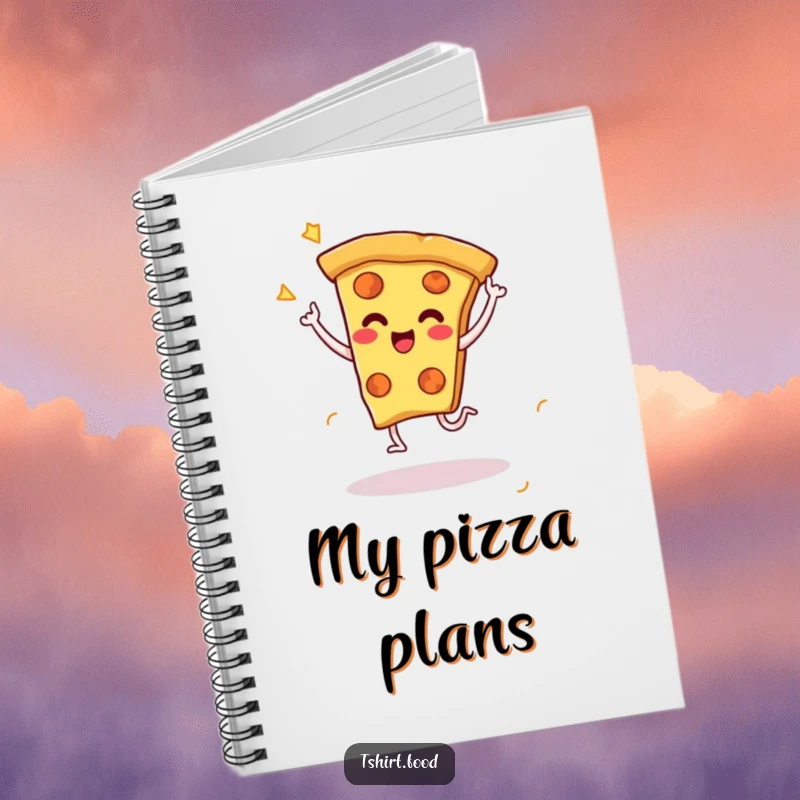 Funny notebook cover art of a cheesy pizza slice character doing a celebratory dance with little legs, ideal for notes with a side of food fun.
