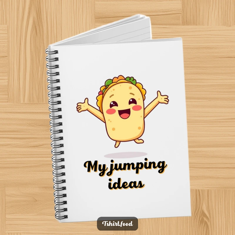 Funny notebook featuring a smiling taco with arms outstretched jumping for joy, ideal for jotting down notes with festive energy.