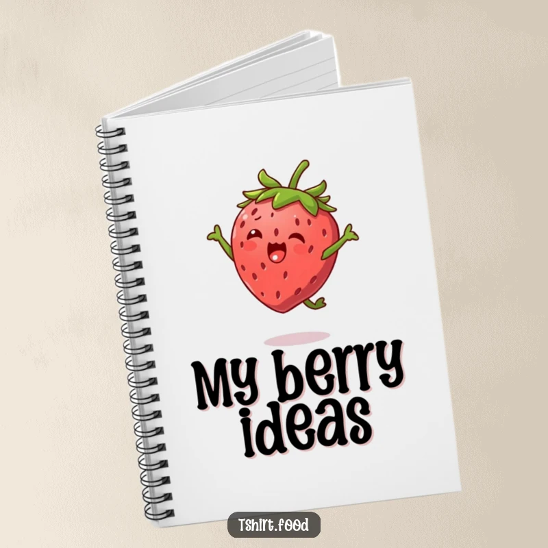 Funny Strawberry Jump Notebook with a happy strawberry character and tiny leaf arms, performing a high jump, ideal for journaling.