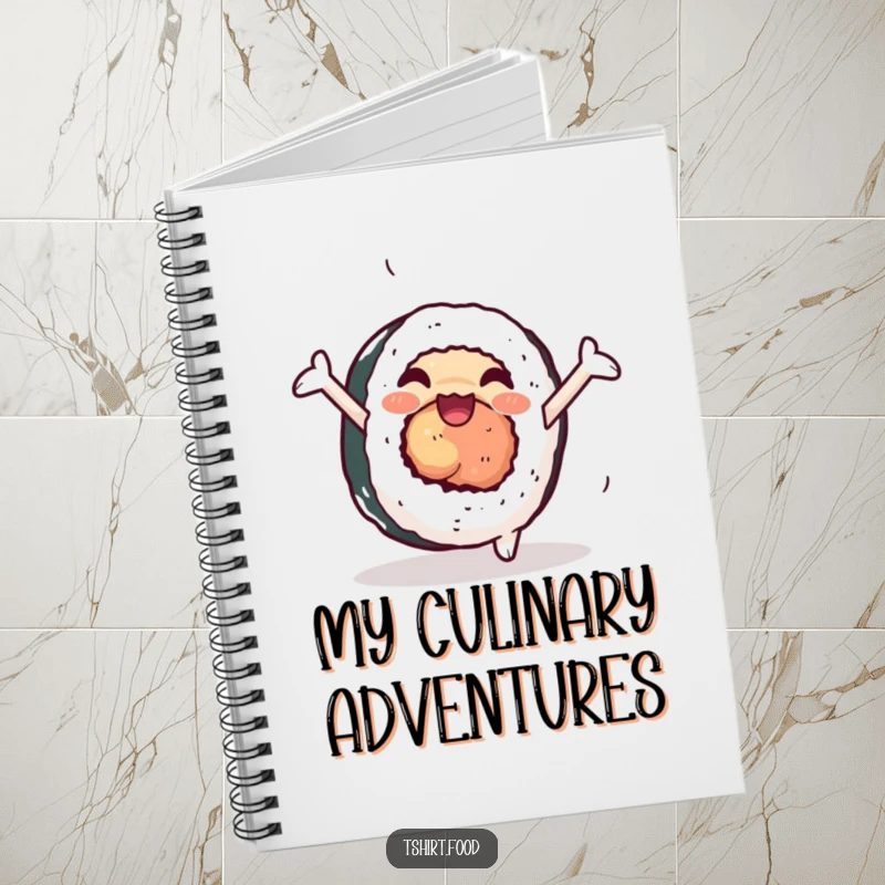 Funny sushi notebook cover featuring a happy sushi roll with arms doing a cartwheel, ready for your notes.