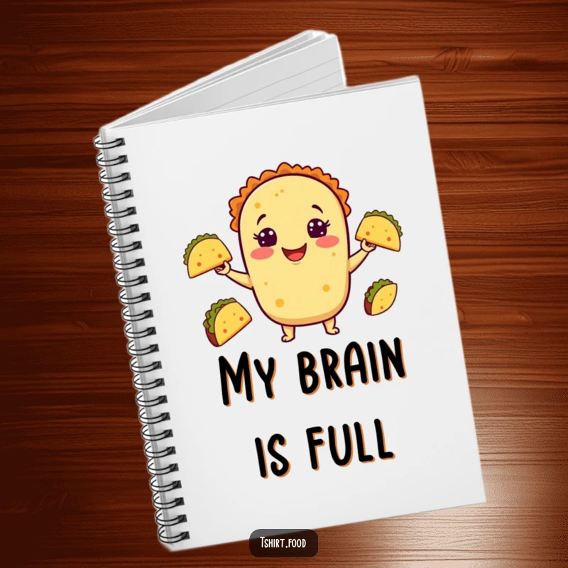 Funny Taco Juggling Notebook with a cheerful taco character tossing tiny tacos, ideal for jotting down notes with a side of humor.