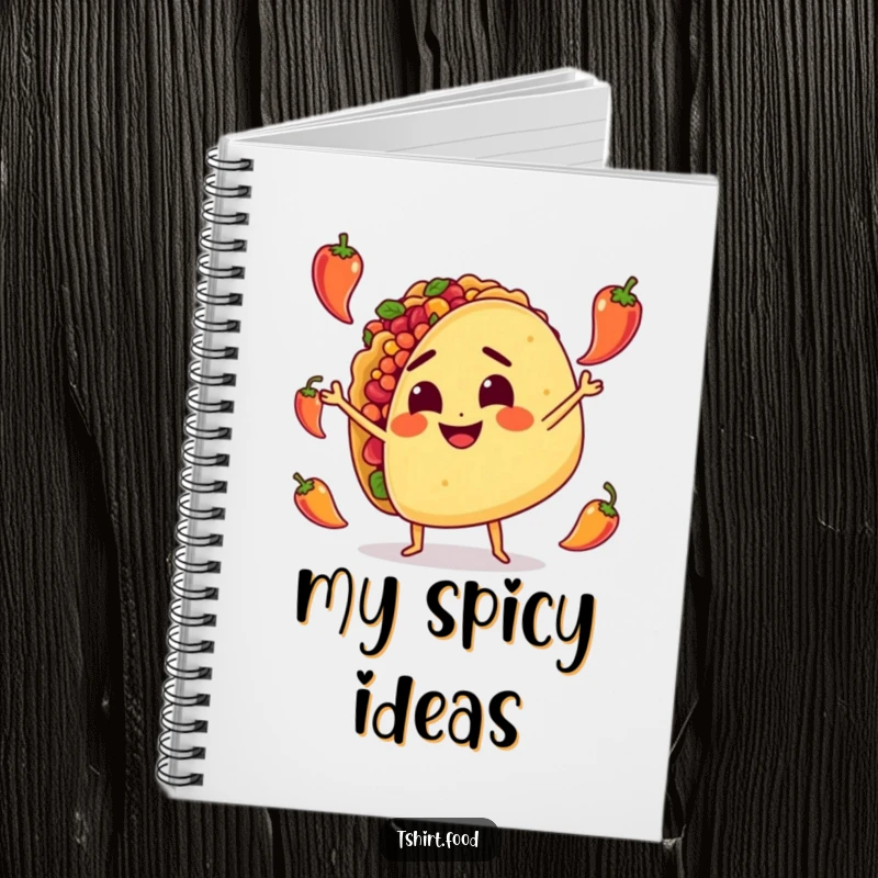 Funny Notebook: A smiling taco character with intense focus juggles tiny peppers, inspiring creativity and culinary adventures.