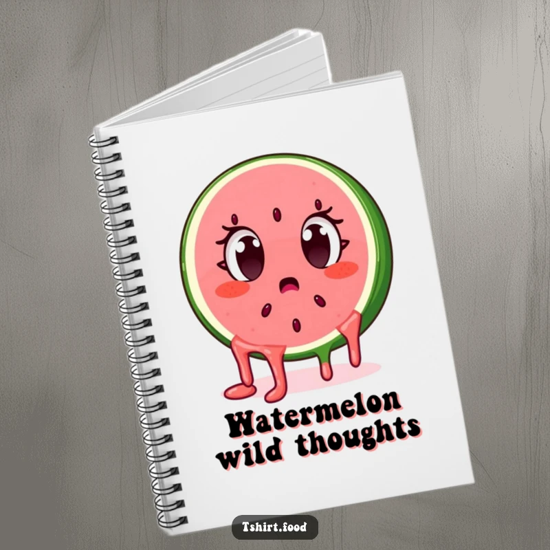 Funny surprised watermelon slice character with dripping seeds, eyes wide, on a notebook cover. For creative writing.