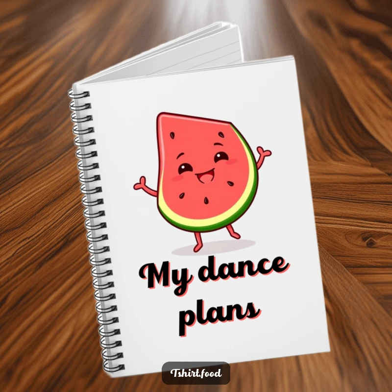 Funny notebook cover featuring a slice of watermelon dancing with a wide, silly grin, ready for your notes.