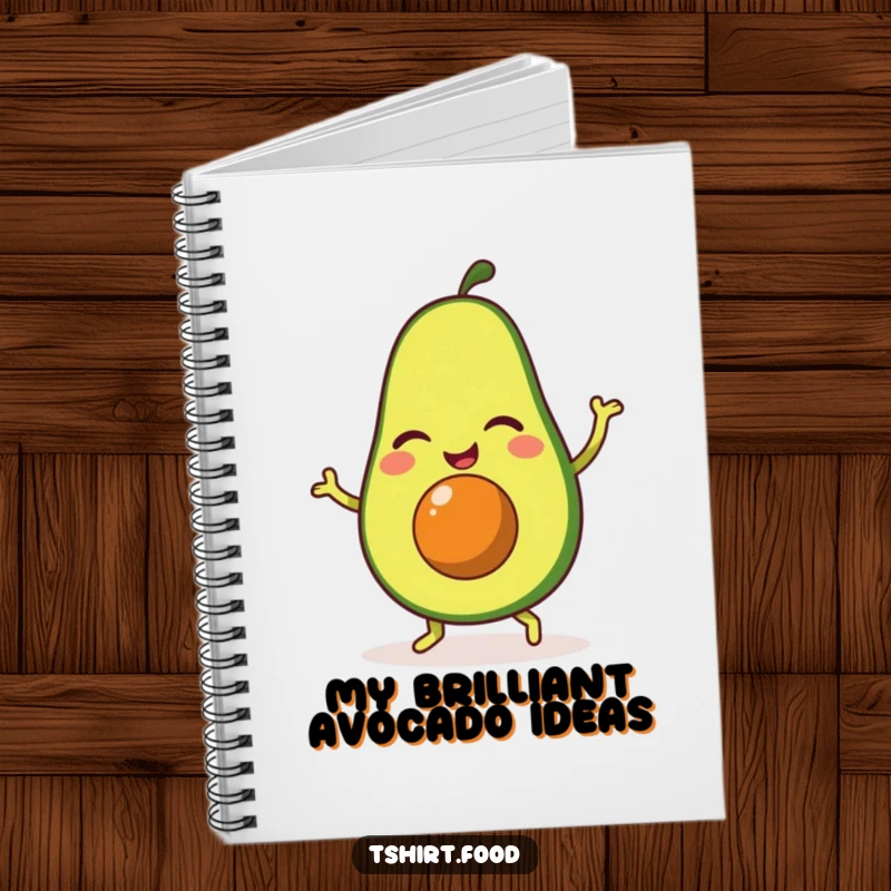 Funny notebook cover with a winking avocado character enthusiastically performing a happy jig, ready to capture creative and humorous thoughts.