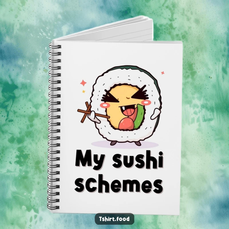 Funny notebook cover art of a winking sushi roll character juggling chopsticks with a devilish grin, great for notes with a side of playful sushi fun.