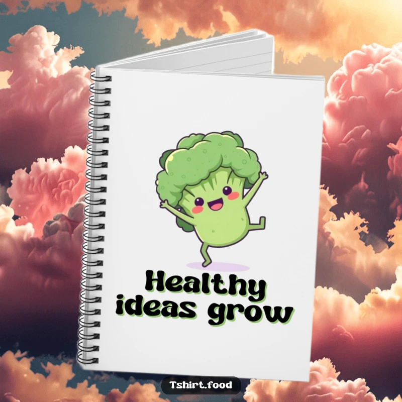Funny broccoli notebook with a playful floret doing a cartwheel, perfect for jotting down healthy ideas and plans.