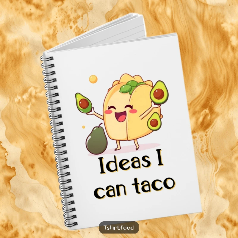 Funny notebook cover featuring an anthropomorphic taco delightedly juggling small avocados, perfect for notes and doodles.