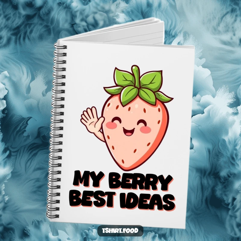 Funny notebook featuring a happy strawberry character with leafy hair, waving hello and ready to hold your notes.