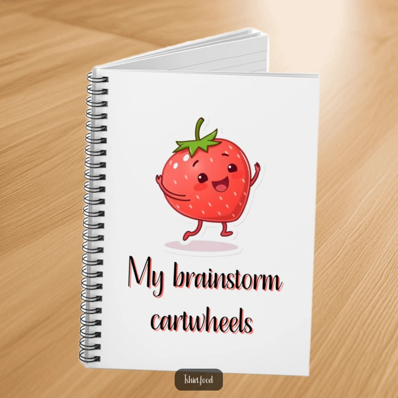 Funny notebook with a smiling strawberry character doing a happy cartwheel, perfect for jotting down energetic ideas and notes humorously.