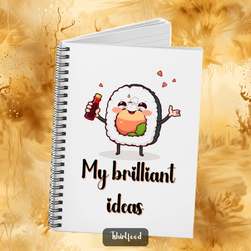 Funny notebook with a joyful sushi roll character happily juggling a soy sauce bottle, perfect for jotting down food ideas and notes humorously.
