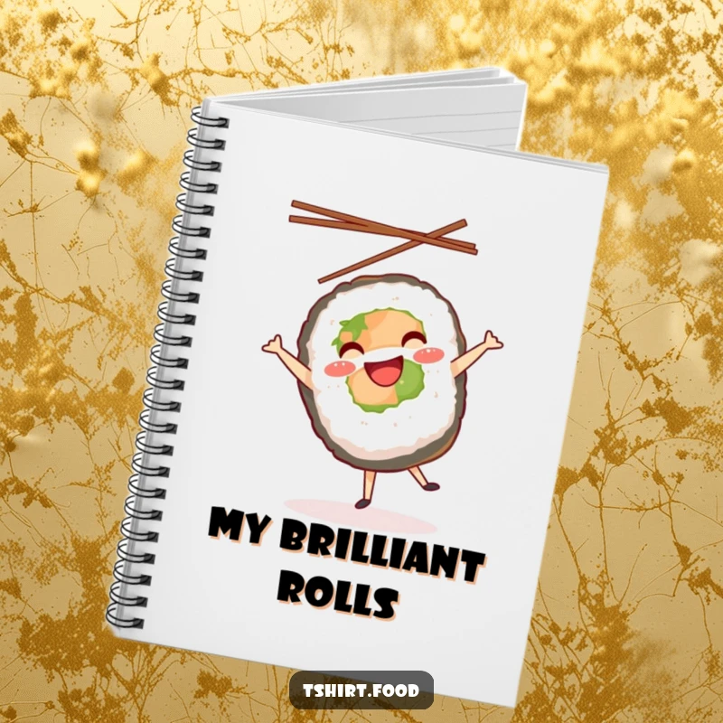 Funny notebook cover with a smiling sushi roll doing a cartwheel and chopsticks flying, great for notes and creative bursts.