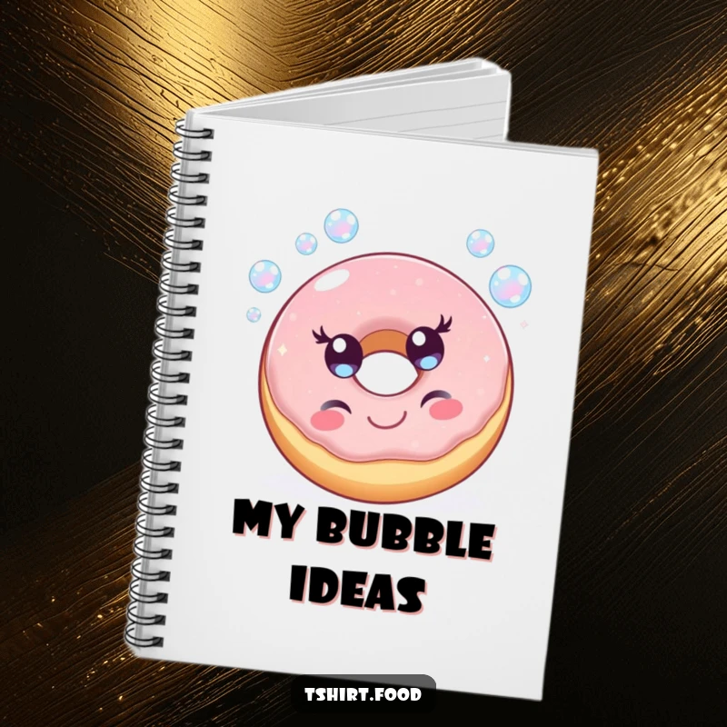 Funny notebook with a cheerful donut character happily blowing iridescent bubbles, perfect for jotting down sweet ideas and notes humorously.