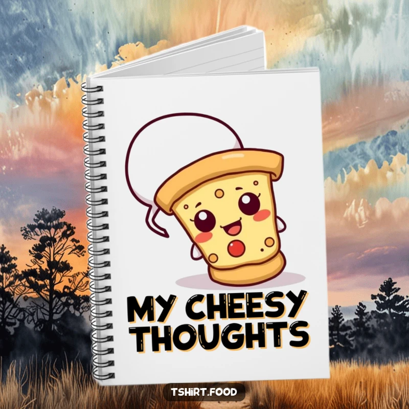 Funny notebook featuring a cheesy pizza slice peeking from a speech bubble, great for writing notes and ideas with humor.