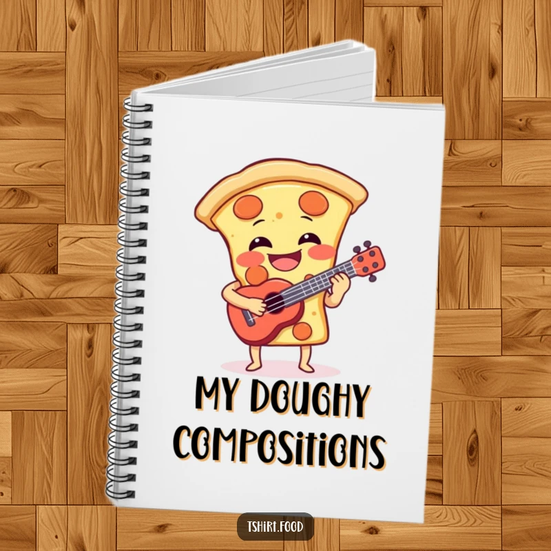 Funny notebook with a laughing pizza slice playing a tiny ukulele, ideal for capturing notes with musical pizza charm. A funny gift.