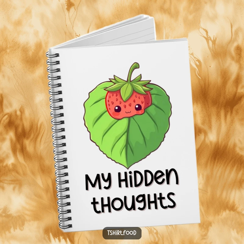 Funny notebook cover featuring a shy strawberry peeking from behind a large leaf, ready for your notes.