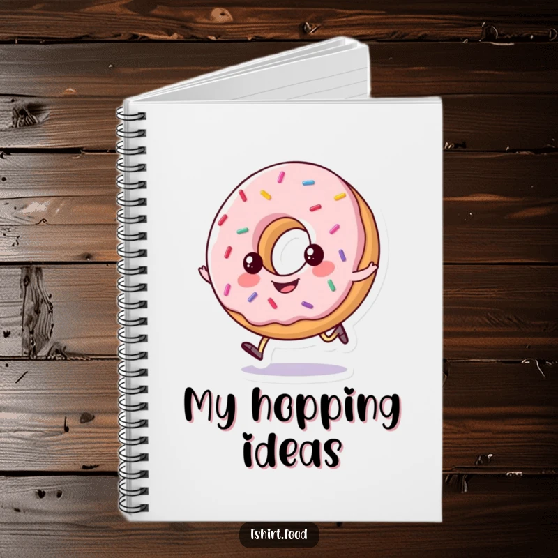 Funny notebook with a happy, sprinkled donut doing a little hop, designed for jotting down ideas with a sweet, humorous touch.