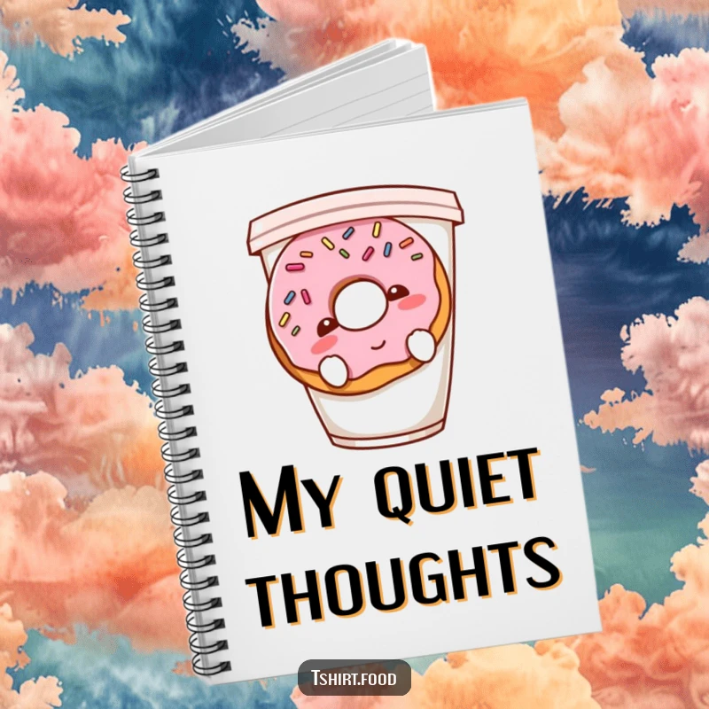Funny shy donut notebook featuring a blushing donut with sprinkles hiding behind a coffee cup, ideal for capturing sweet thoughts.