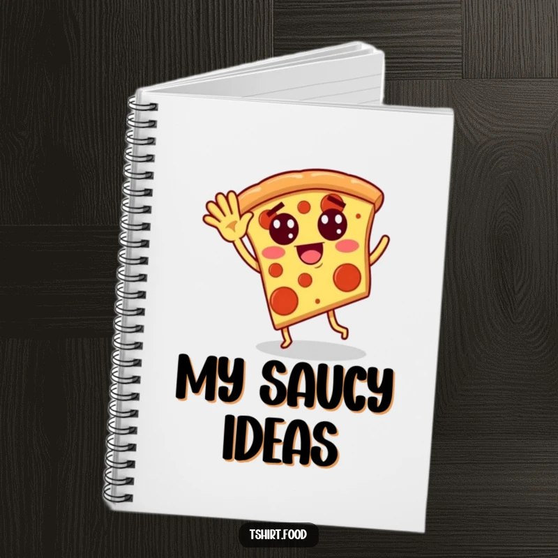 Funny notebook cover with a pizza slice sporting pepperoni eyes, waving and dancing silliy, perfect for notes and doodles.